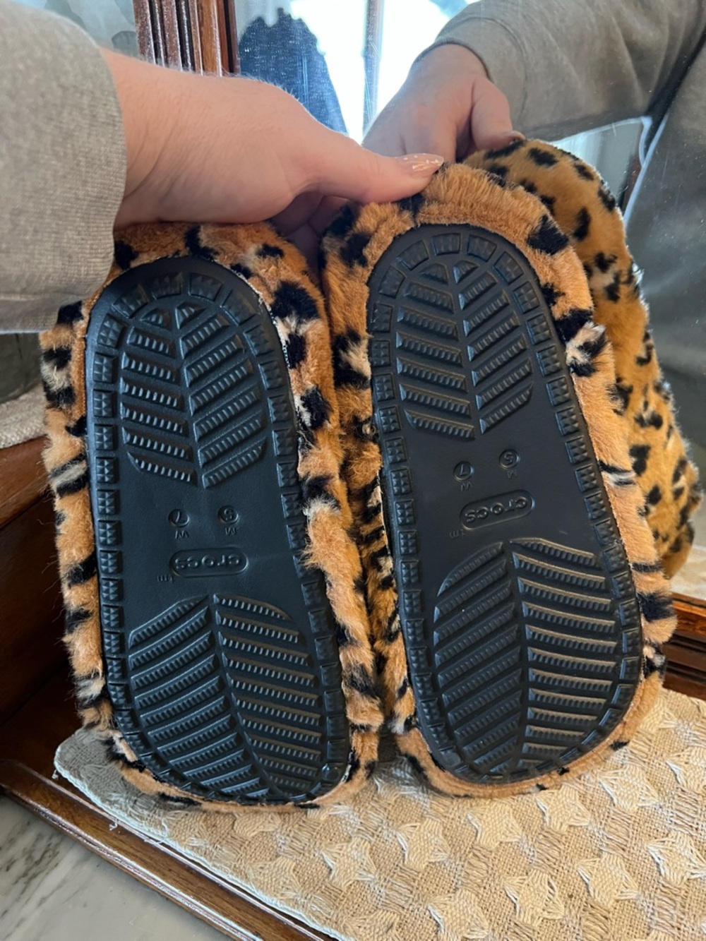 CROCS Leopard Print Fuzzy Slide Slippers in Tan and Black - Picture 5 of 6